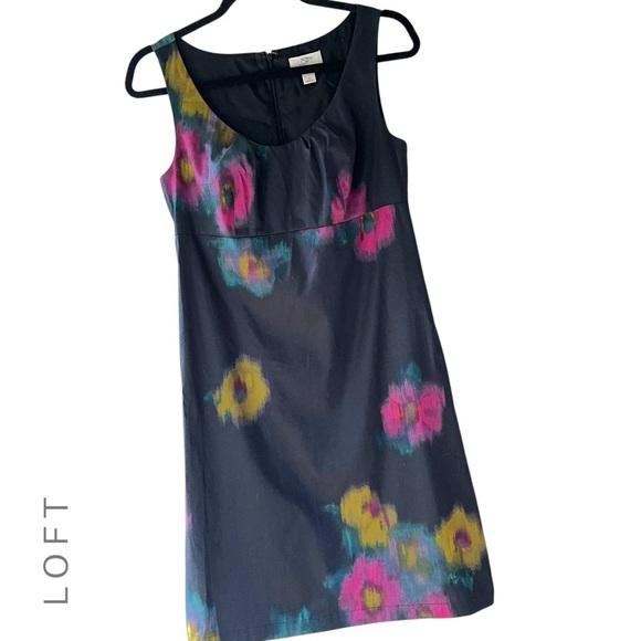 LOFT NWOT BLACK COTTON SLEEVELESS EMPIRE DRESS FLORAL WATERCOLOR LINED | SIZE: 4 - Picture 1 of 9